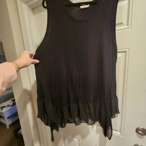 Pebble & Stone 3X Elegant Black Sleeveless Top with Sheer Ruffle Detail
